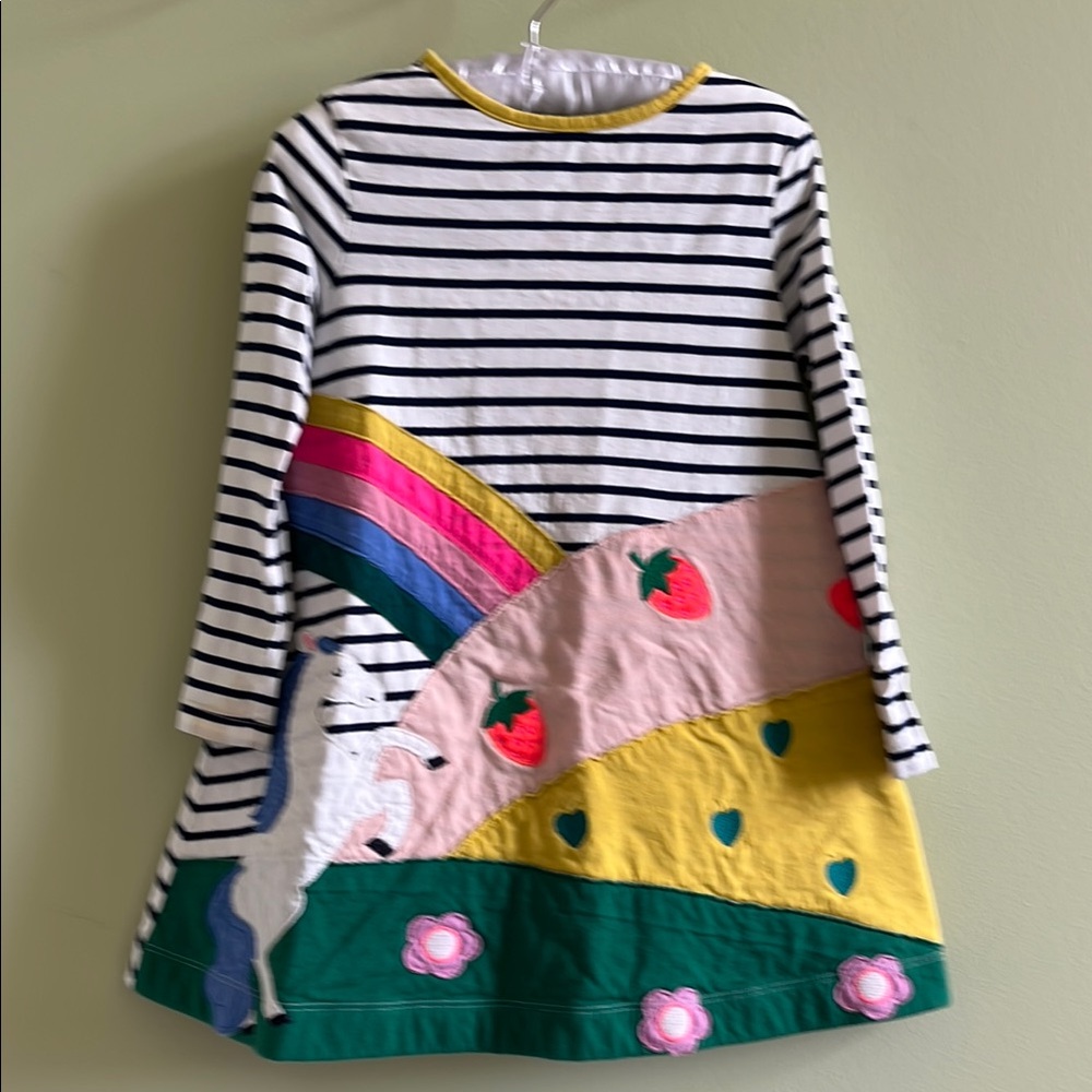 Mini Boden Rainbow Striped Horse Appliqué Long Sleeve Spring Dress Size 5-6